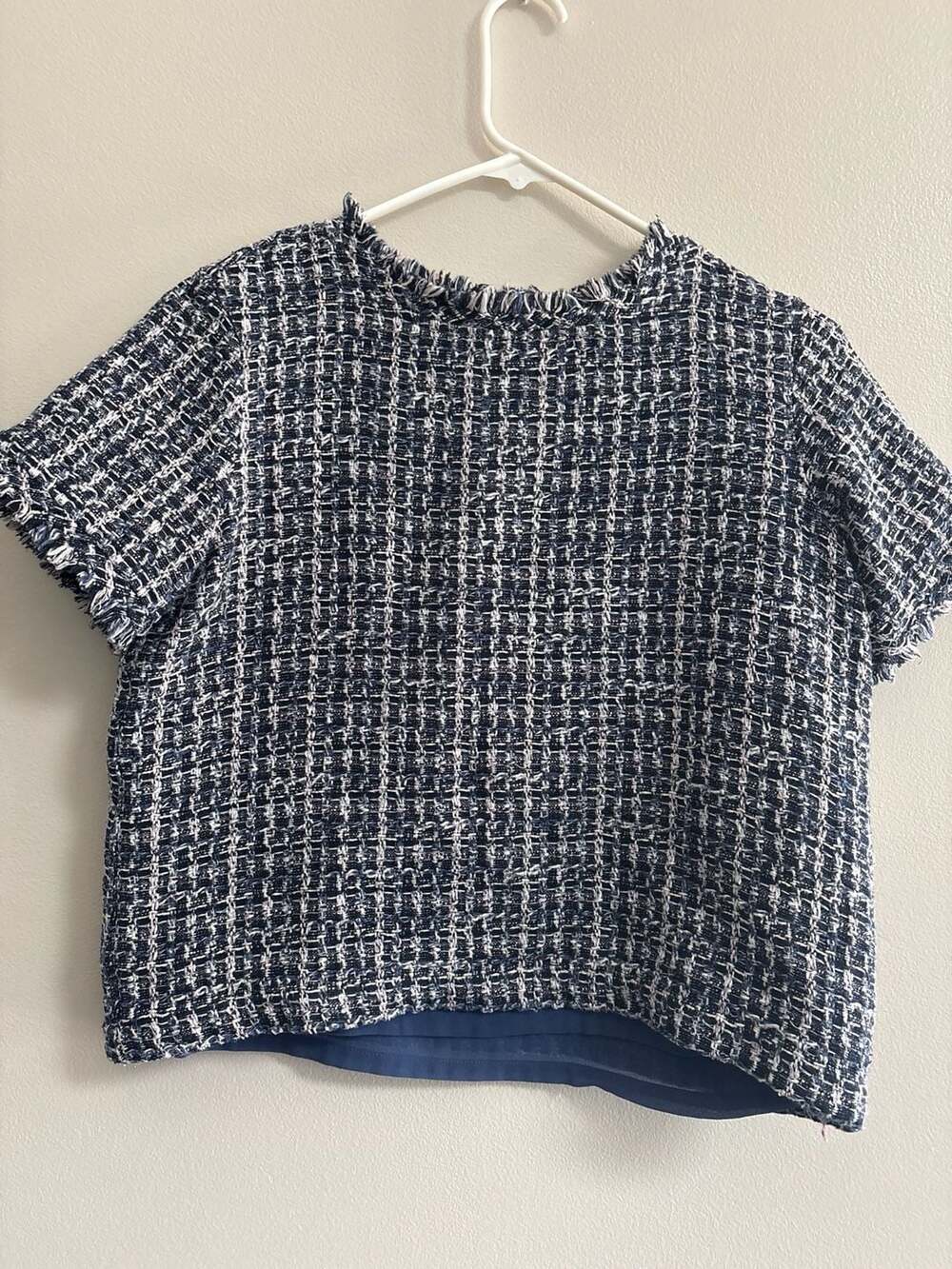 Ann Taylor Factory Petite Tweed Fringe Short Sleeve Top Navy Blue Size MP